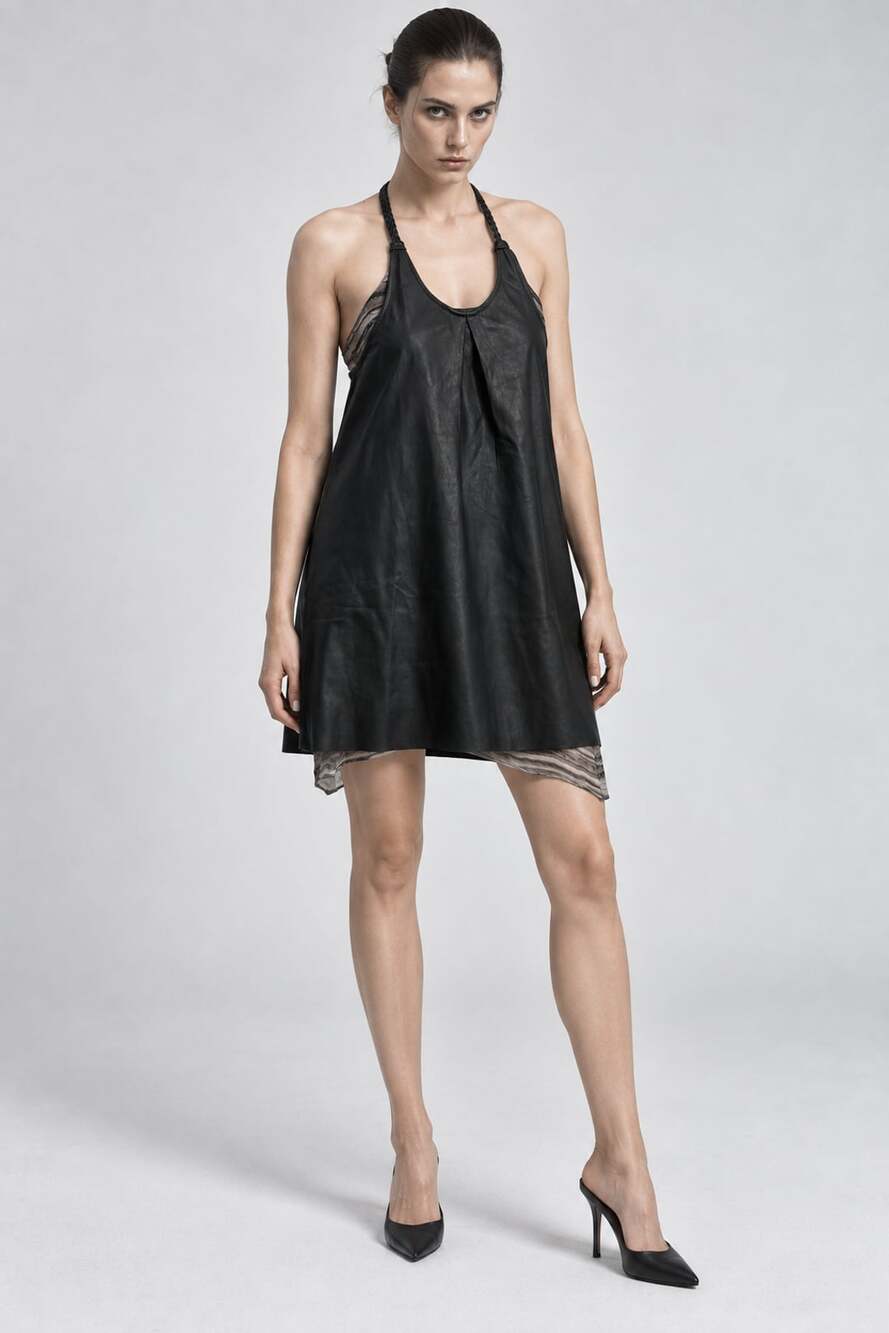 Shirlanka Martina Black Leather Halter Mini Dress Size 6 NWT $451